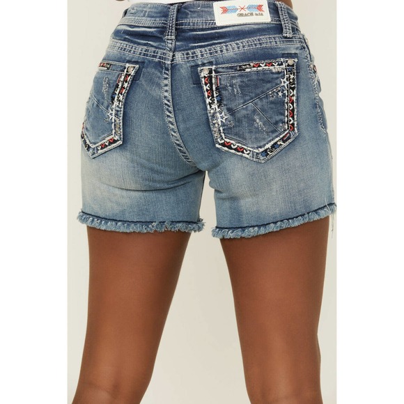 Grace in LA Pants - Grace In LA Women's Americana Embroidered Distressed Stretch Denim Jean Shorts